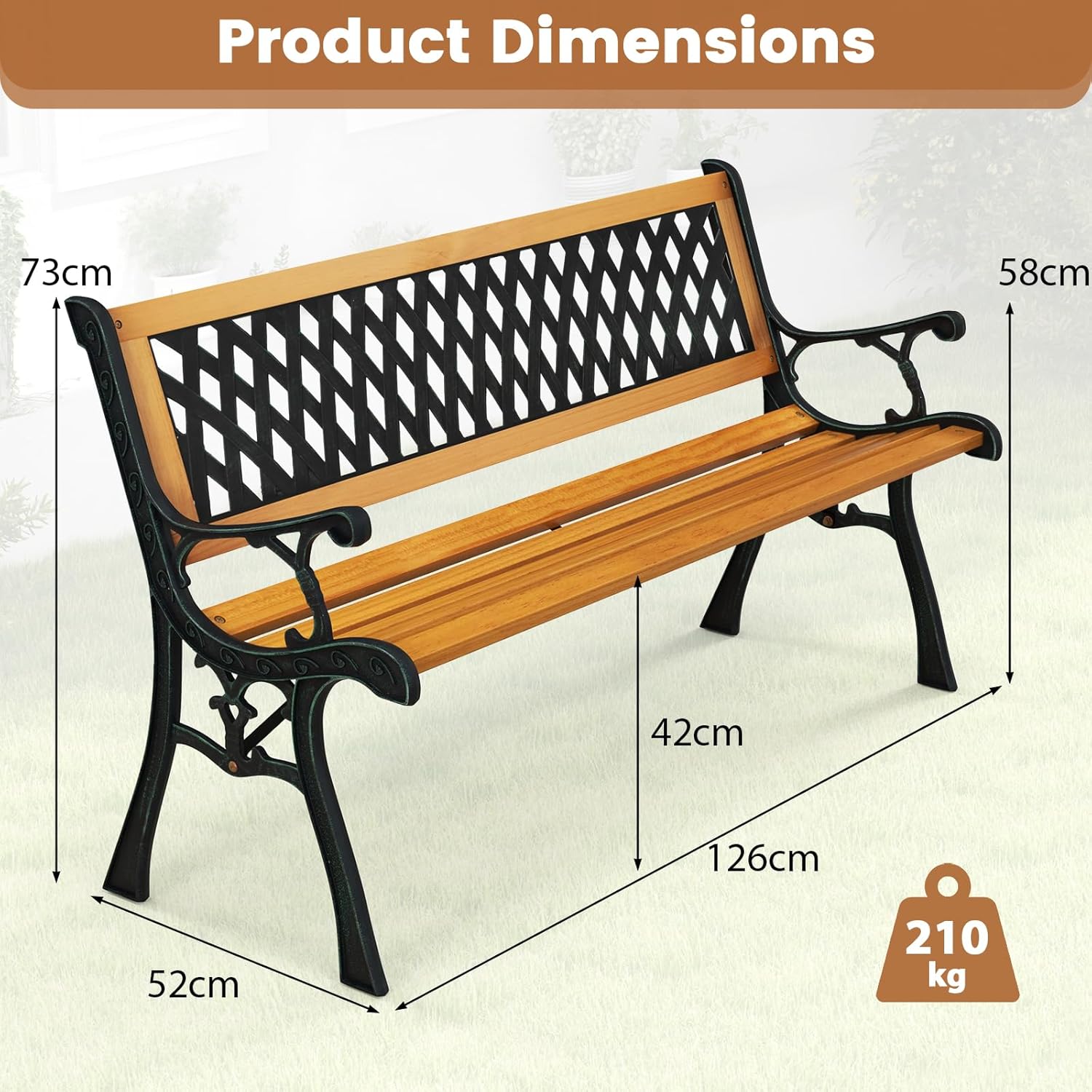 3 Seater Wooden Garden Bench Metal Frame Patio Park Seat