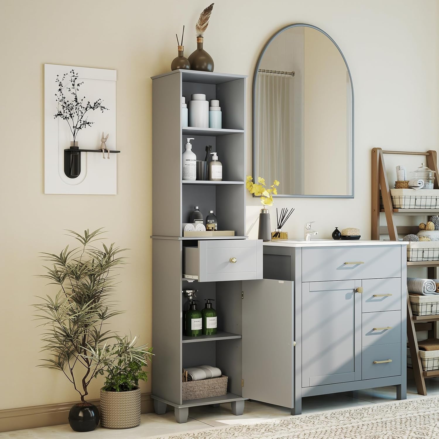 Tall Slim Storage Cabinet Grey Drawer Shelves Door Unit
