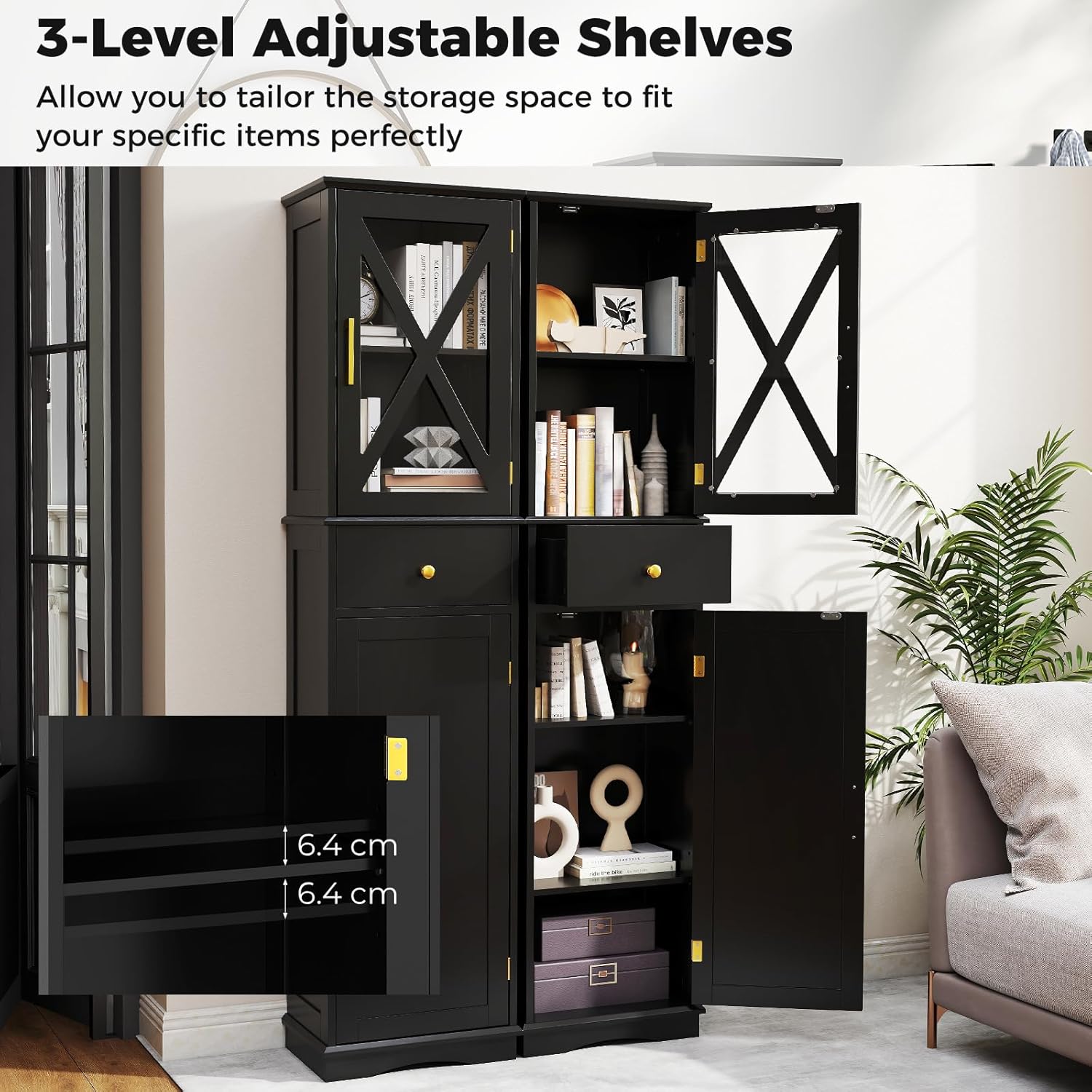 Tall Slim Storage Cabinet Black Glass Door Drawer Unit