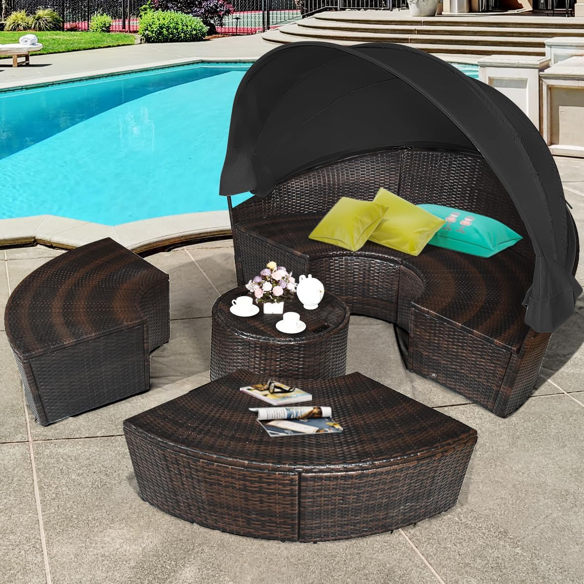 5 Piece Rattan Daybed Round Sofa Set Canopy Black Brown
