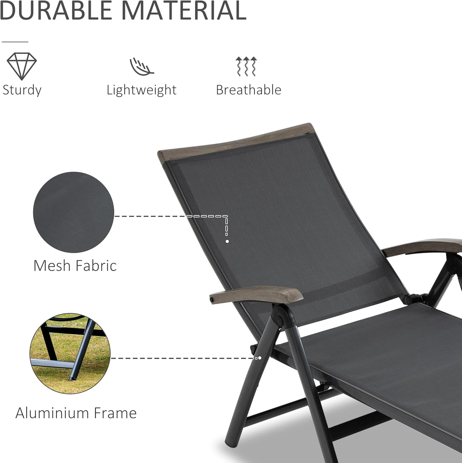 Folding Sun Lounger 5 Position Aluminium Recliner Grey
