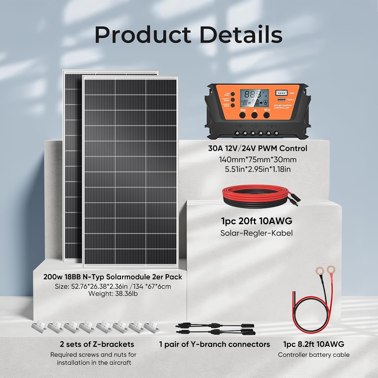 400W Solar Panel Kit 2x200W Mono N Type 30A Controller MC4