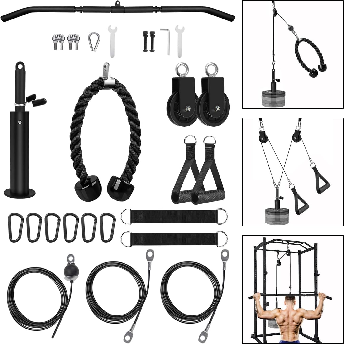 Home Gym Cable Pulley System LAT Pulldown Trainer w/ 3 Handles 150kg
