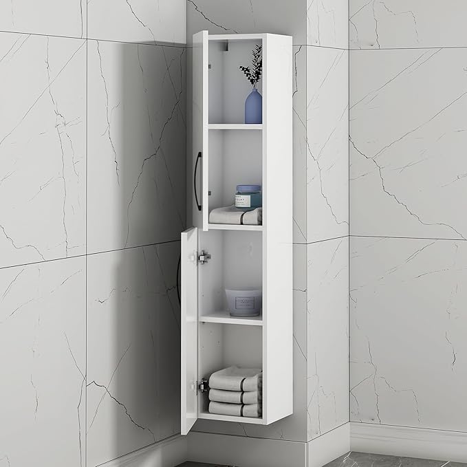 Gloss White Wall Hung Tall Bathroom Cabinet 2 Door Black Handle