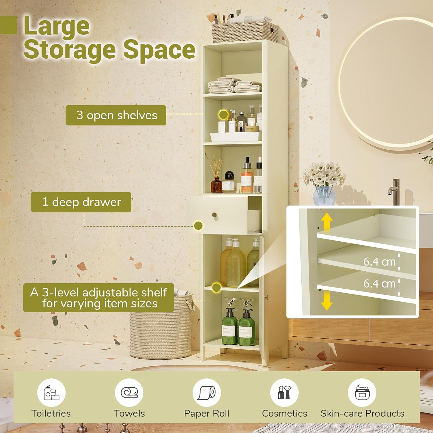Slim Bathroom Tall Cabinet Drawer Shelf Unit Beige