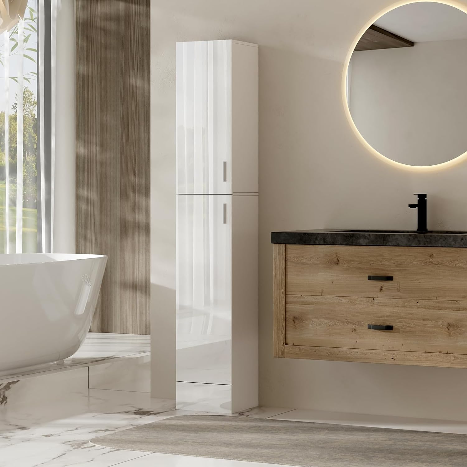High Gloss Tall Bathroom Cabinet 2 Door 4 Shelf White 188cm