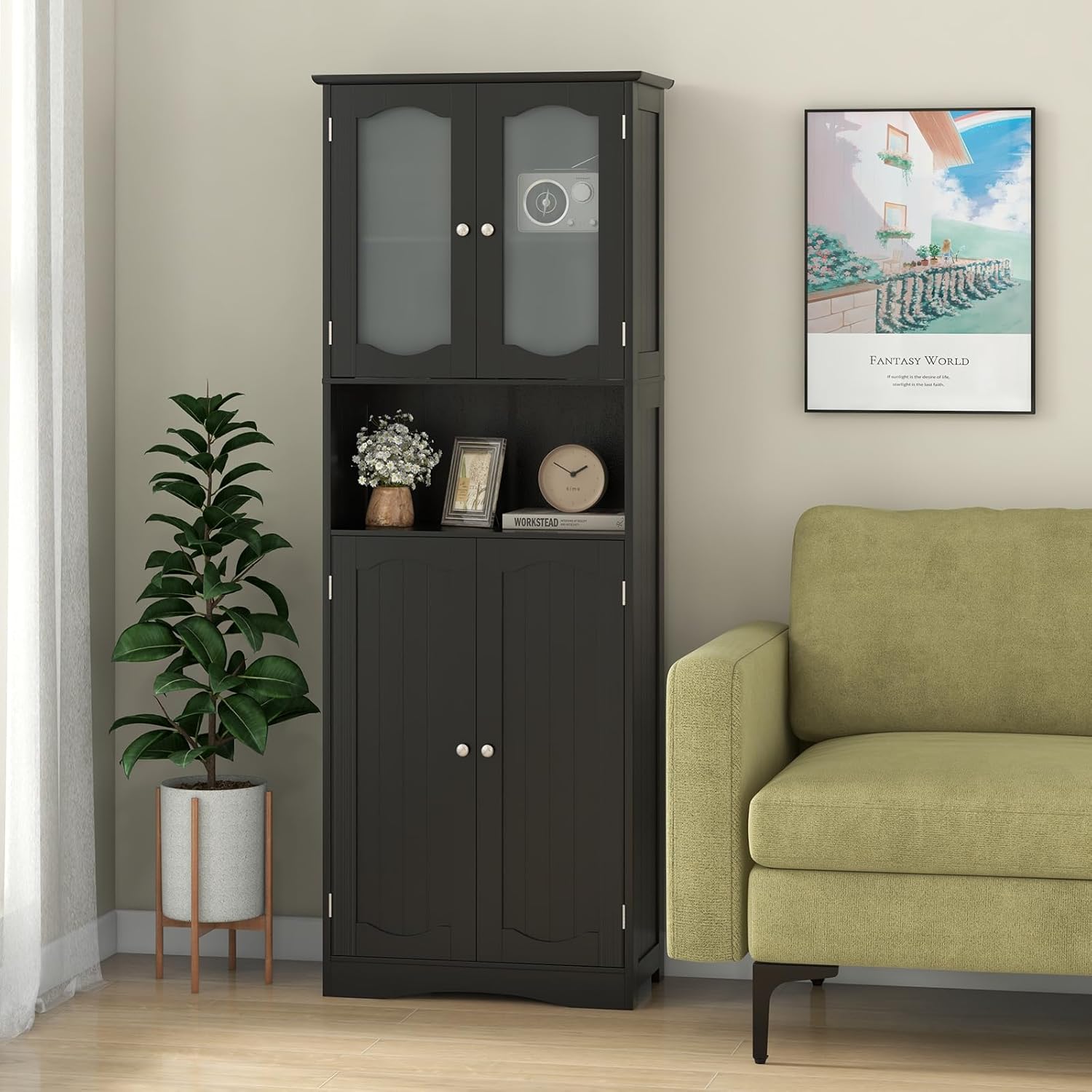 Tall Black Storage Cabinet Frost Glass Door Shelf Unit