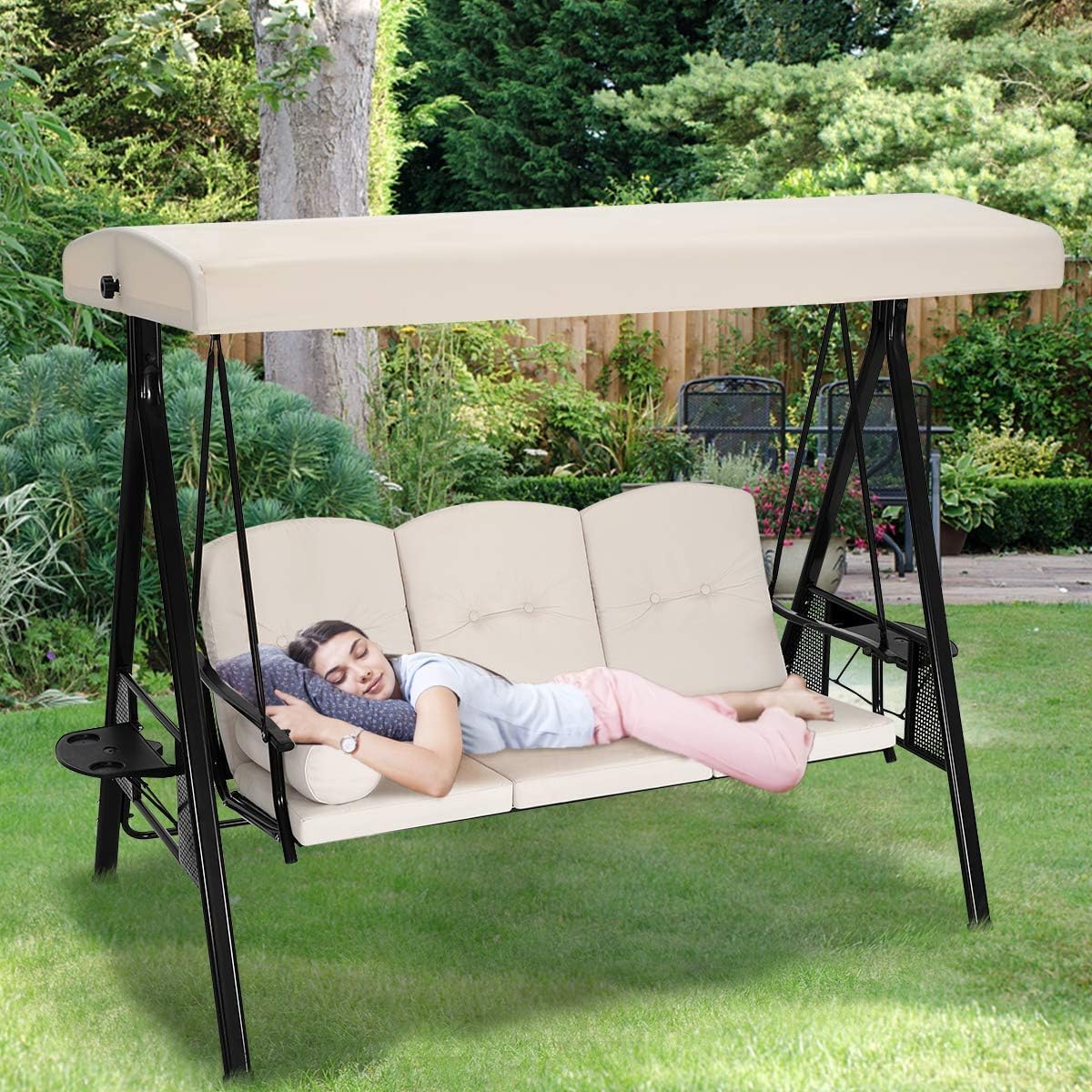 3 Seater Garden Swing Chair Beige Canopy Cup Trays