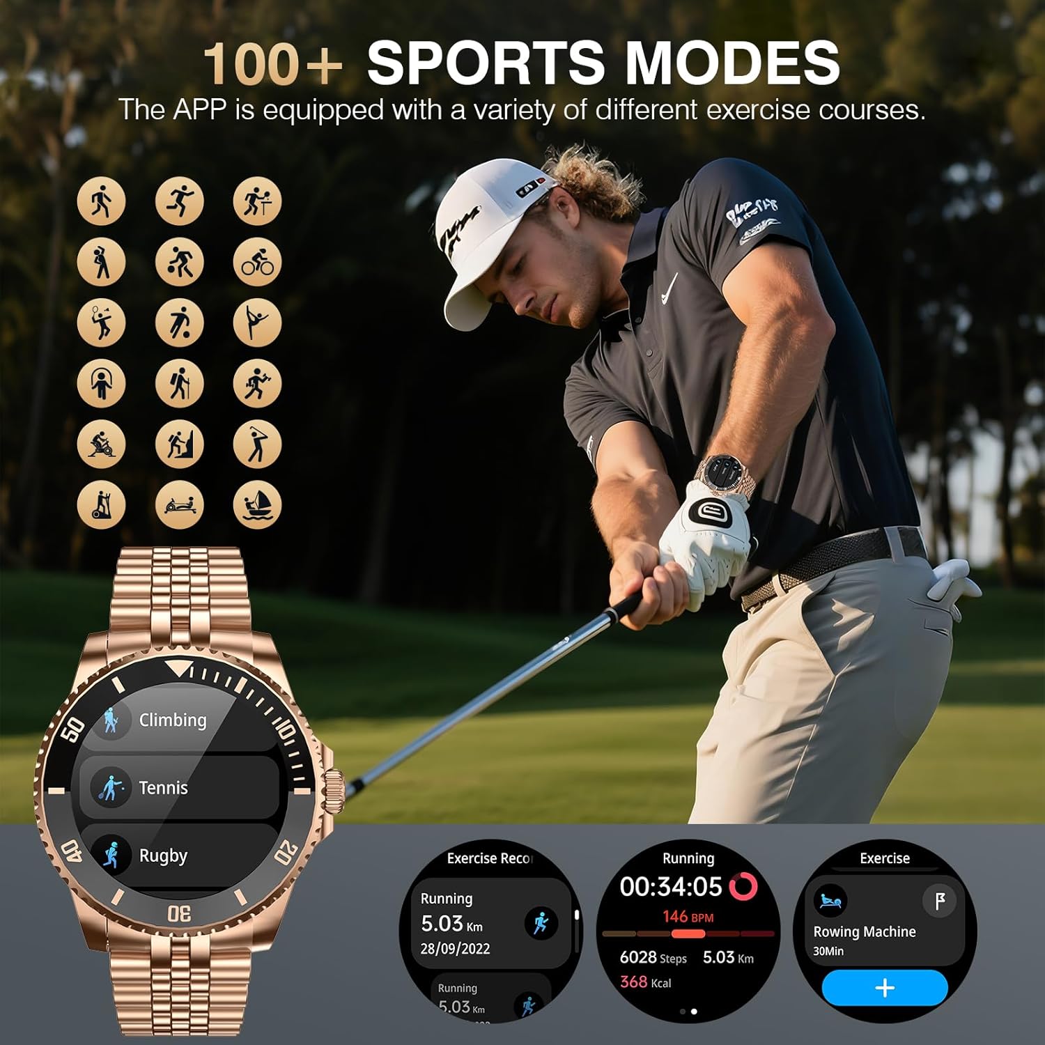 Gold Mens Smart Watch AI Call Fitness Tracker