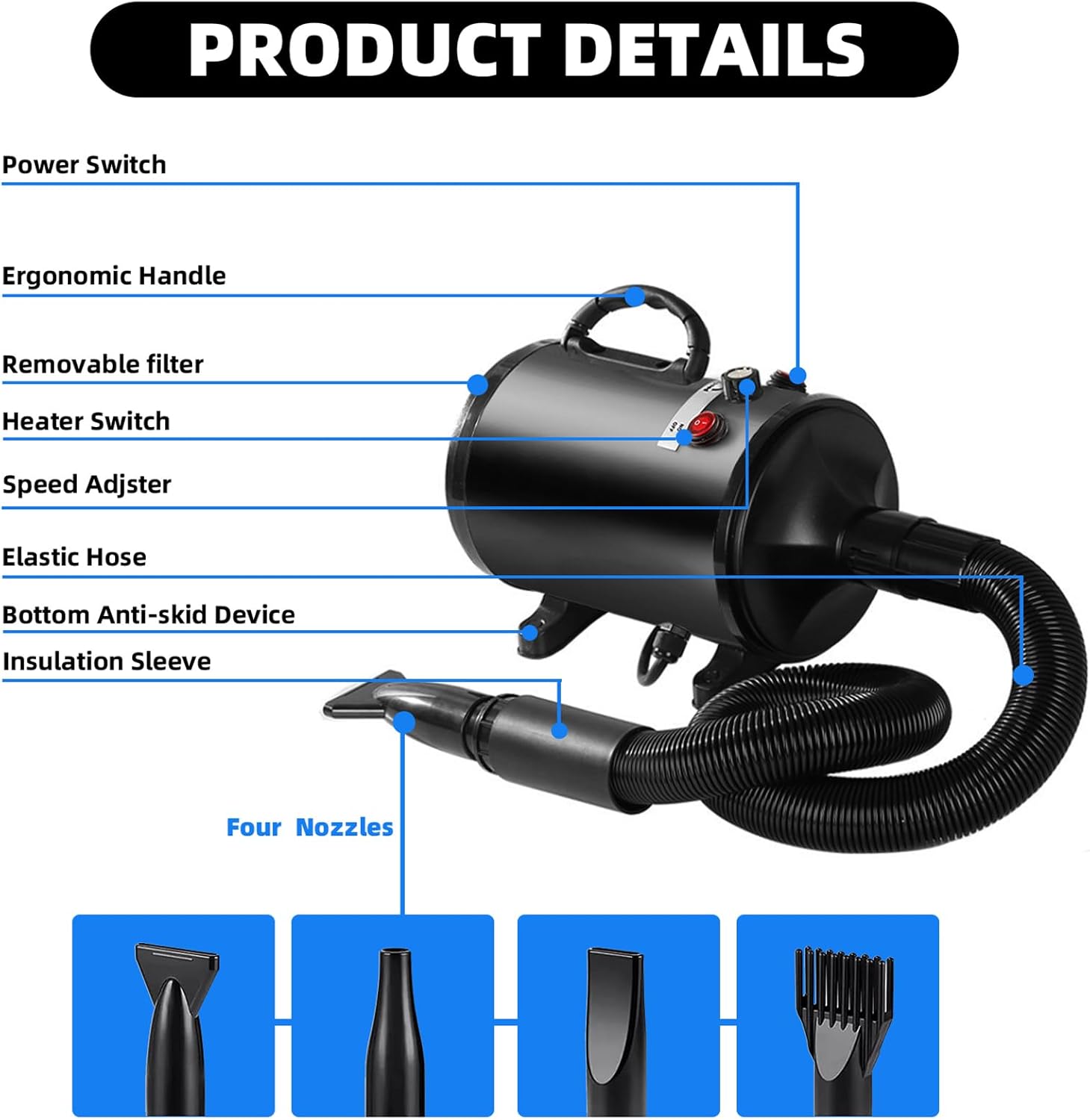 Dog Hair Dryer 2800W Pet Grooming Blaster Low Noise 4 Nozzle