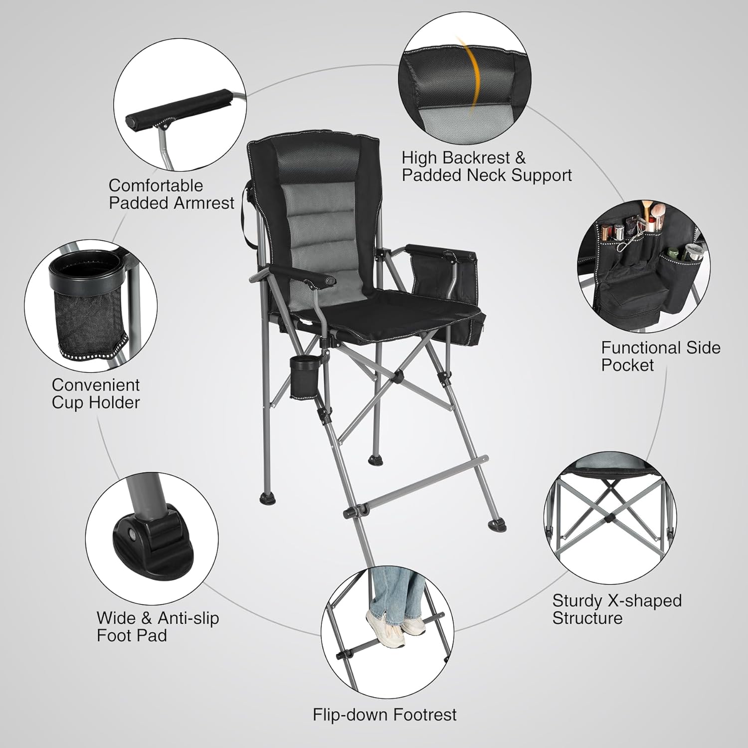 Tall Folding Directors Chair with Footrest Portable Camping Chair Black Gray