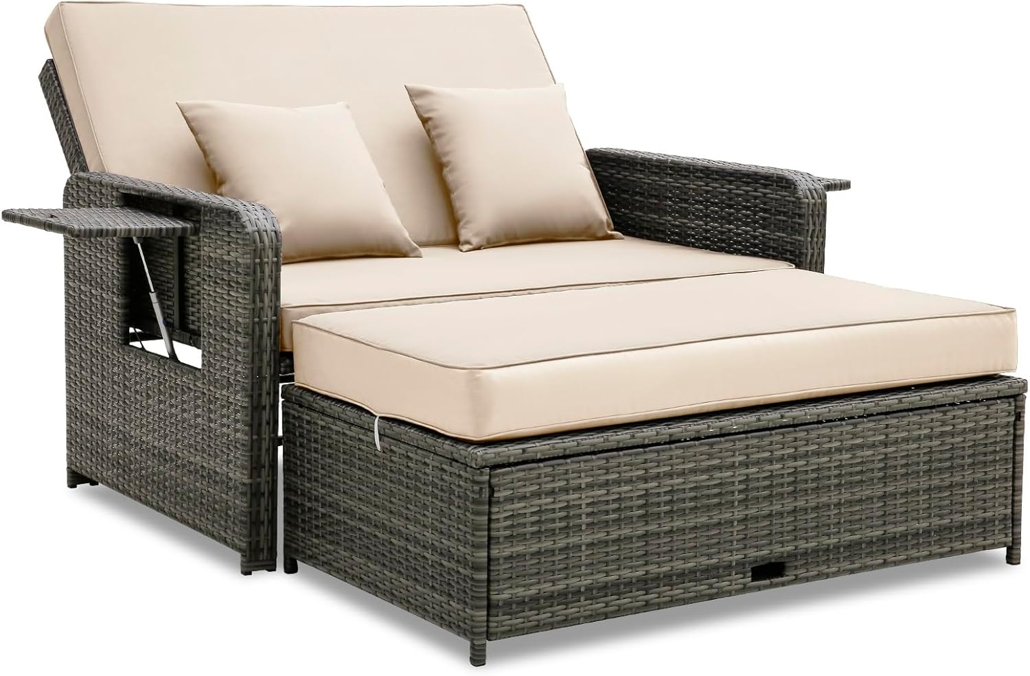 2 in 1 Patio Rattan Daybed Sun Lounger Beige Grey