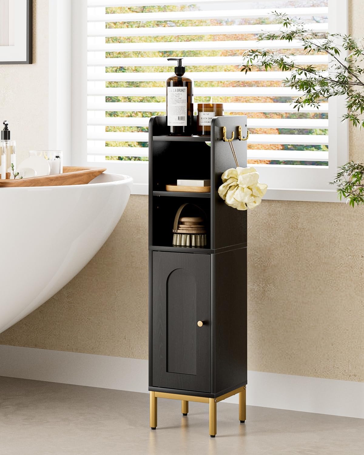 Slim Bathroom Storage Cabinet Door Black Freestanding Unit