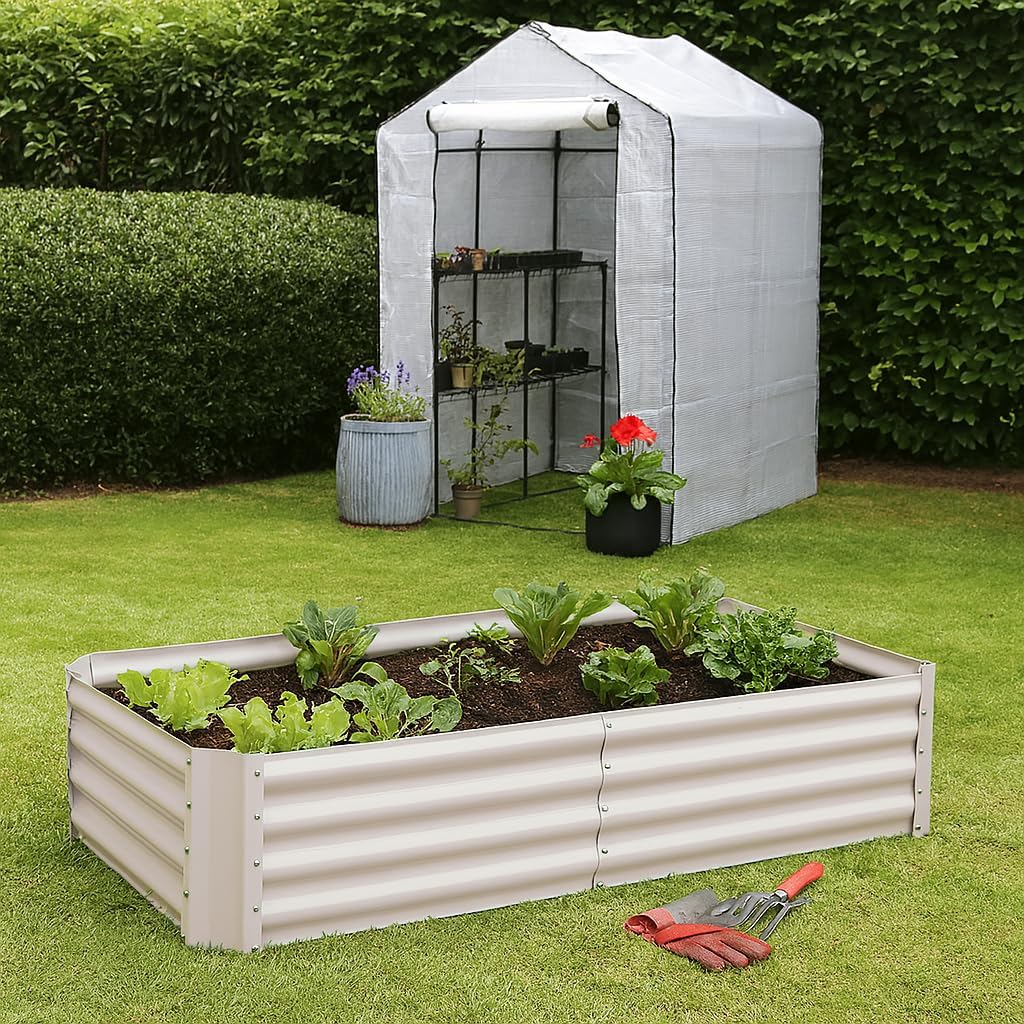 Raised Garden Bed 120cm Metal Planter Ivory Steel 2 Pack