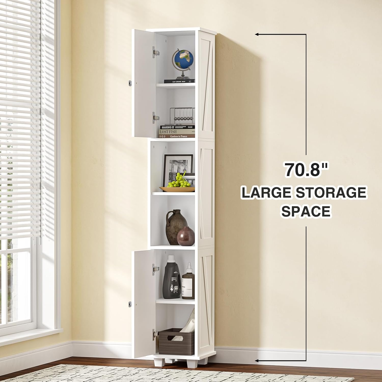 Slim Tall Storage Cabinet 6 Shelf 2 Door Unit White