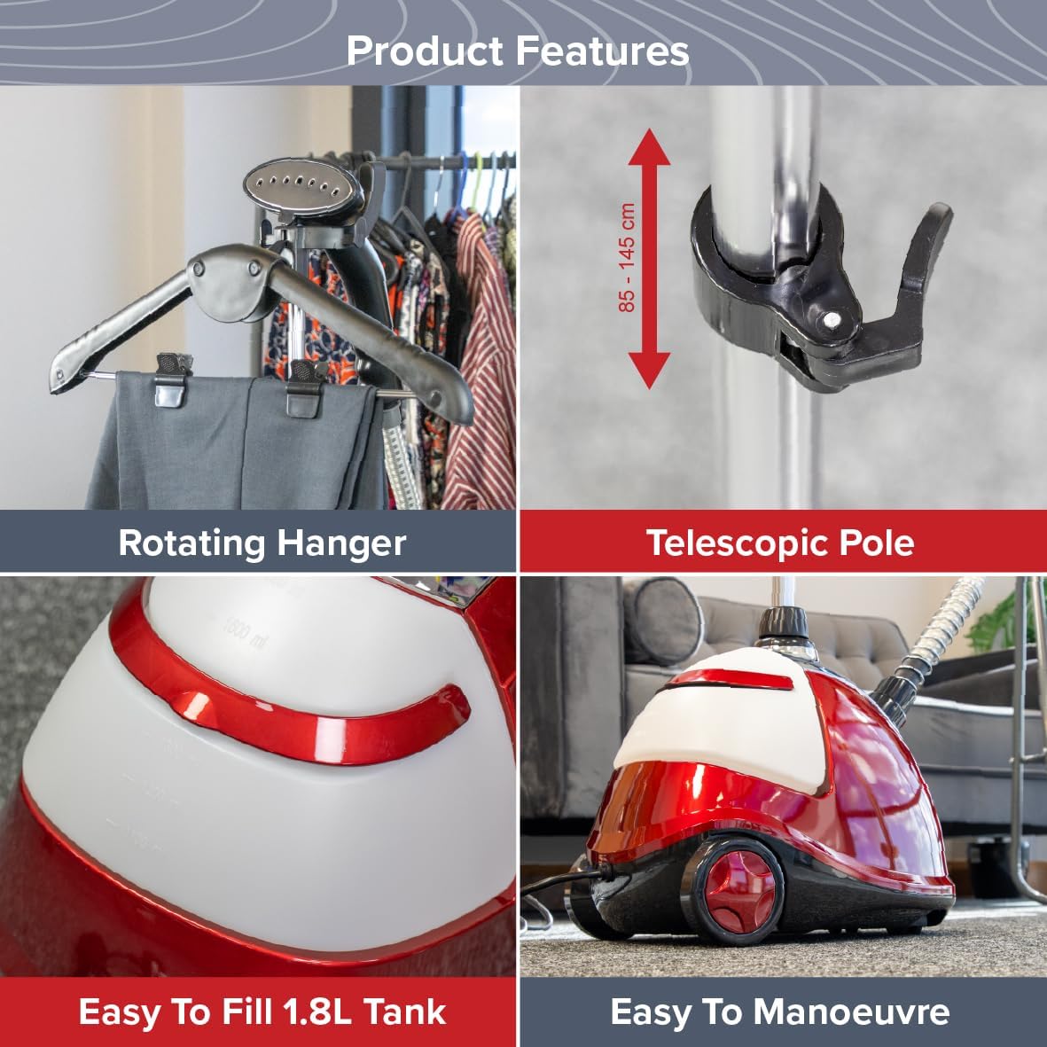 Upright Garment Steamer 1800W Clothes Fabric Steamer 1.8L Tank