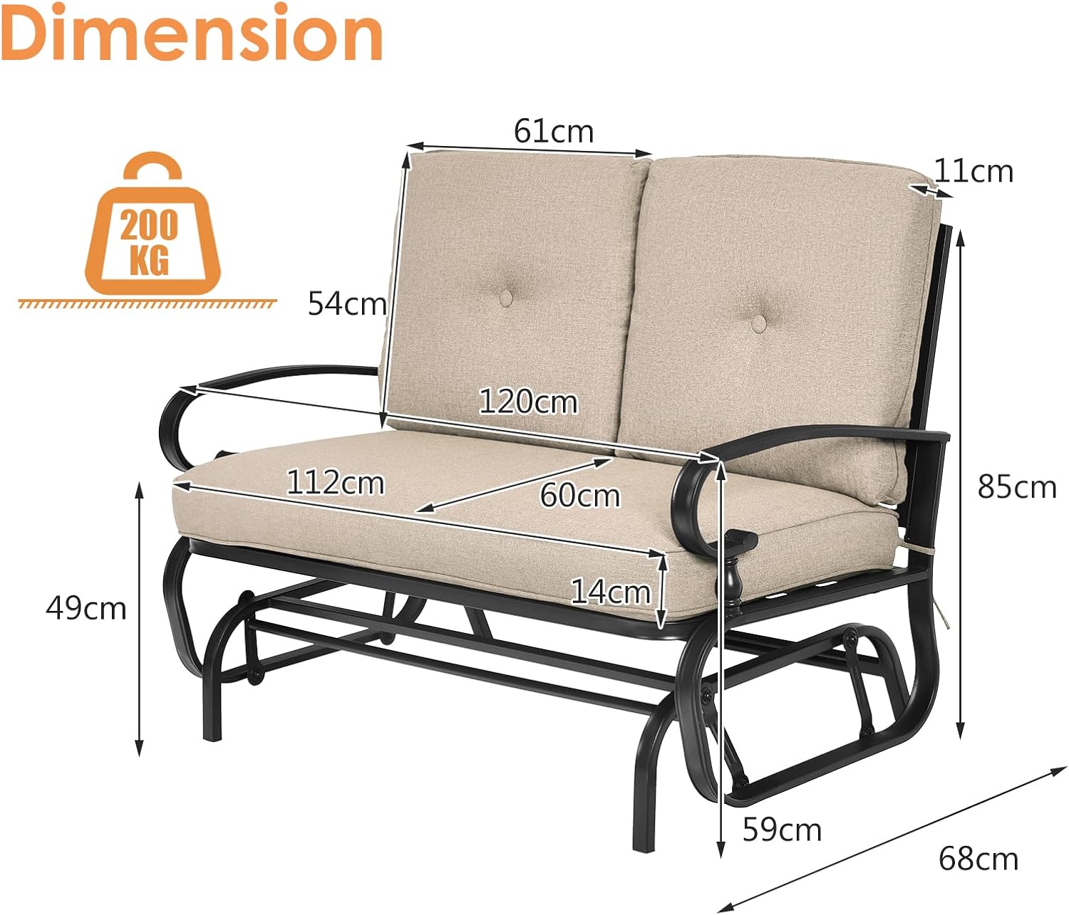 2 Seater Outdoor Glider Bench with Cushions Patio Rocking Chair