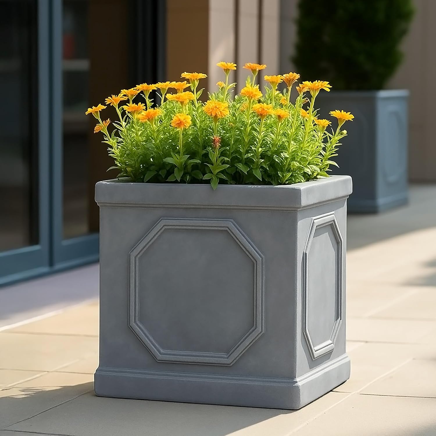 37cm Square Planter Faux Lead Grey Garden Pot Drainage