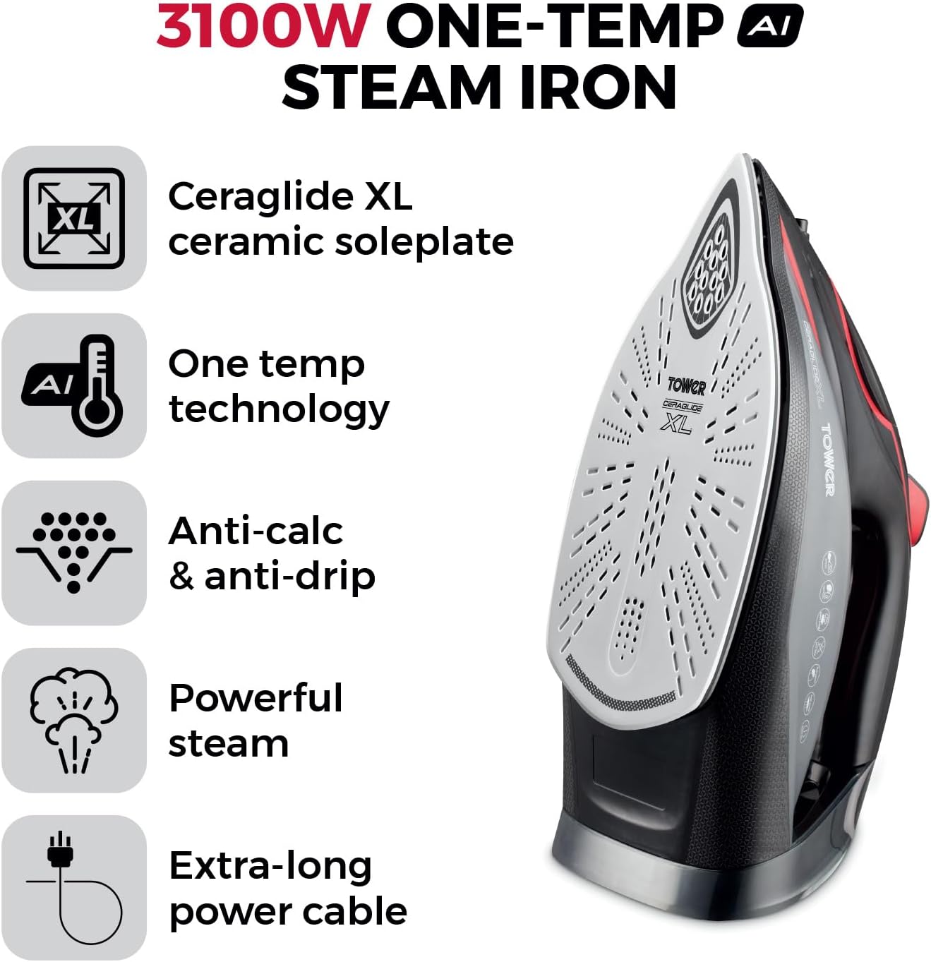 3100W Steam Iron XL Ceramic Soleplate One Temp Anti Drip 350ml