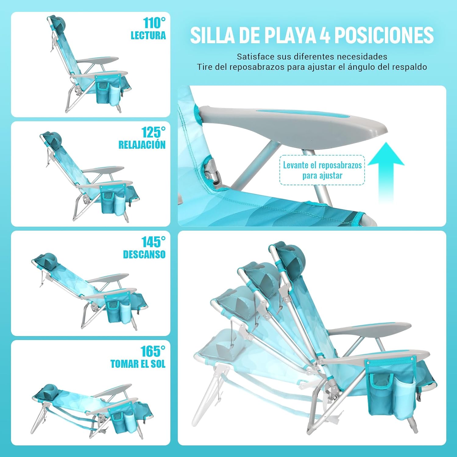 Cyan Pattern Adjustable Beach Chair Folding Reclining Seat