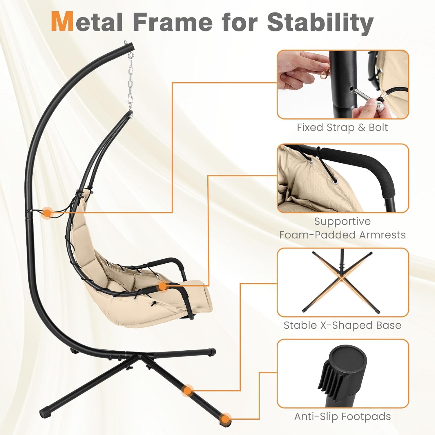 Hammock Swing Chair with Stand Beige Padded Seat Metal