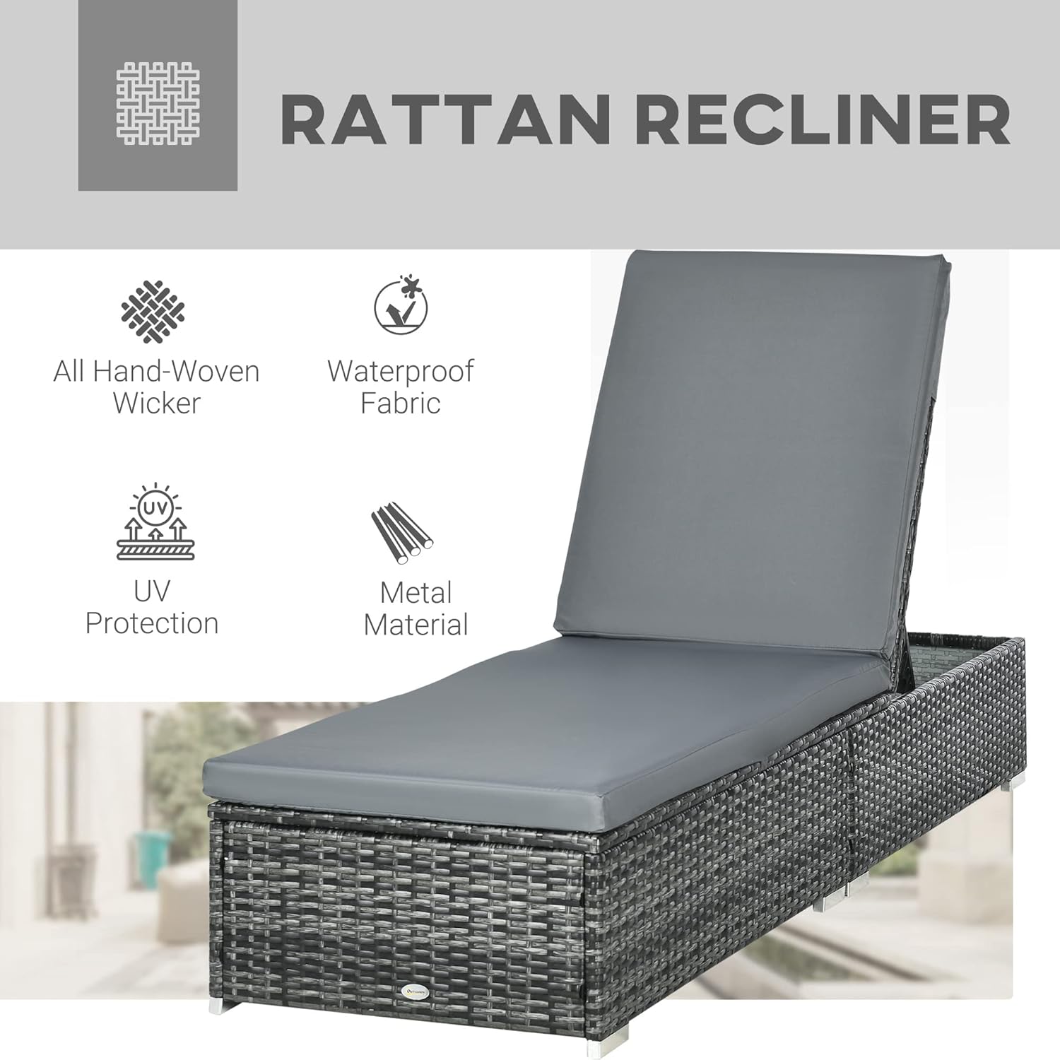 PE Rattan Sun Lounger 5 Position Recliner Cushion Grey