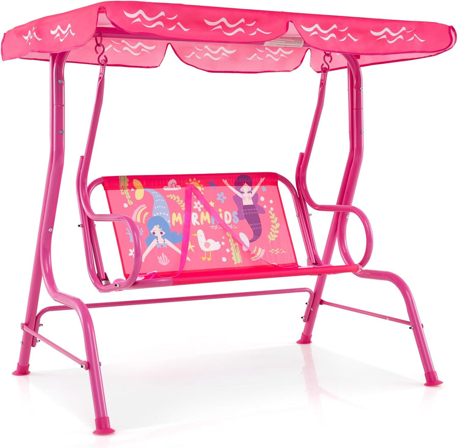 Kids 2 Seat Swing Chair Pink Canopy Safety Belts