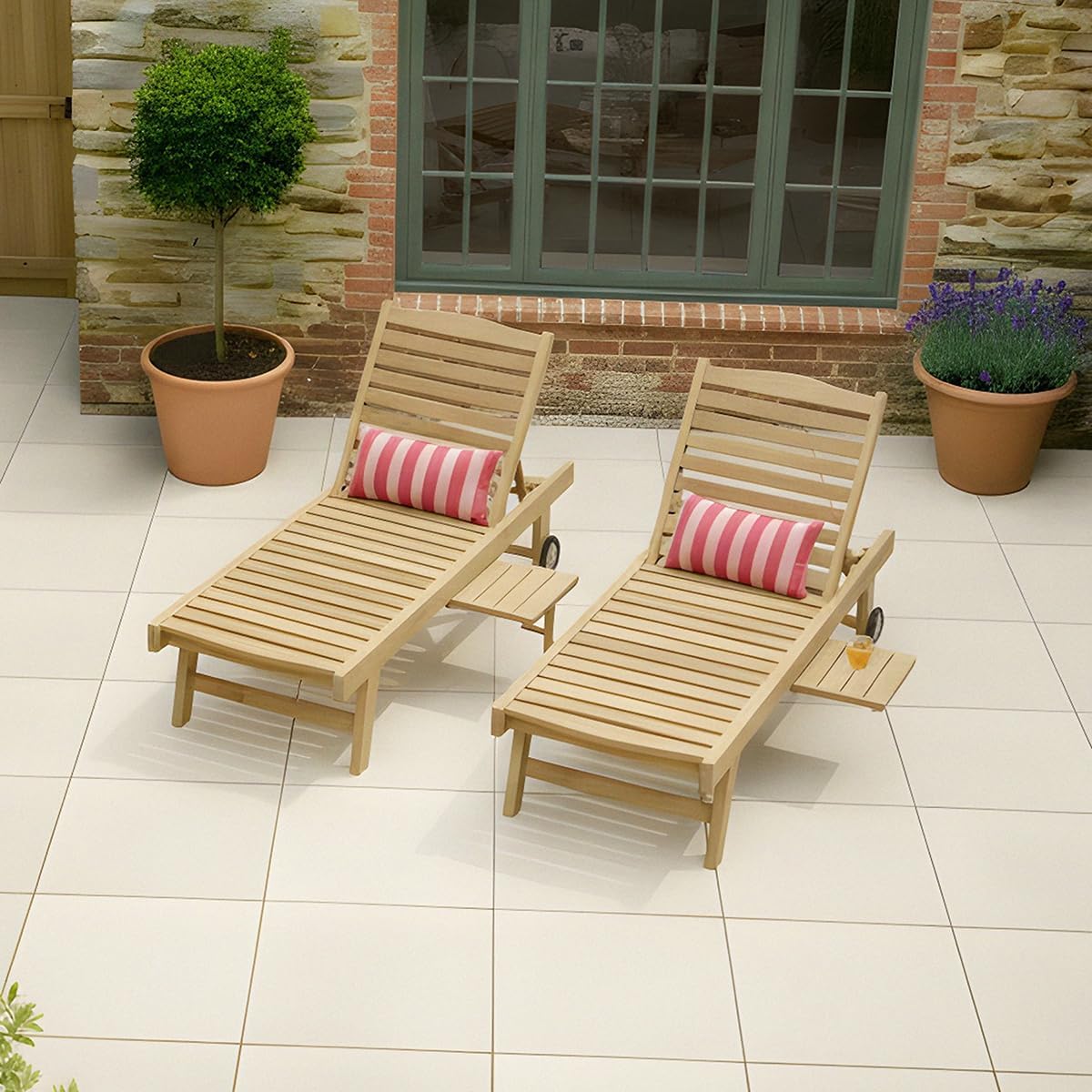 Teak Sun Lounger Wooden Recliner with Wheels Table