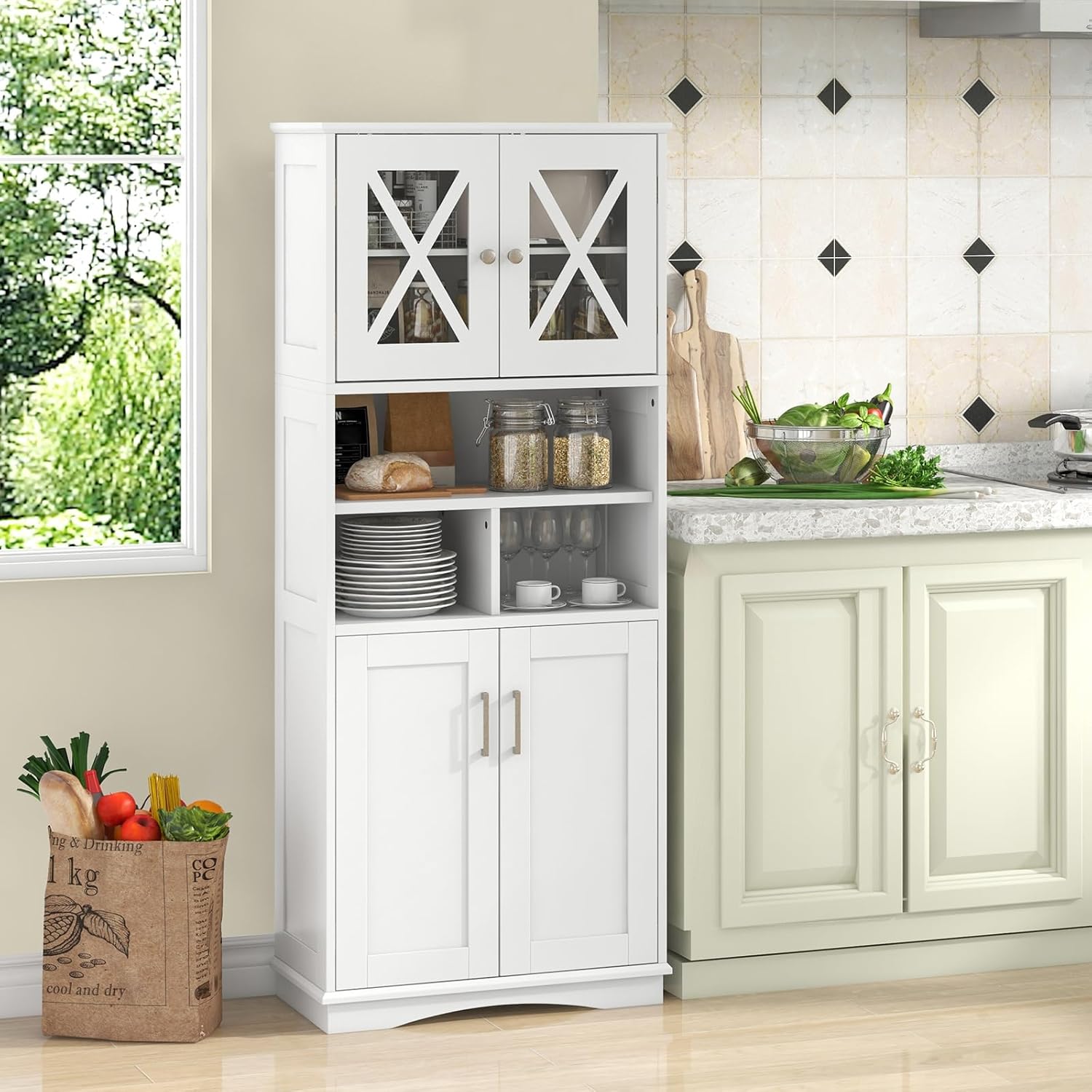 White Tallboy Bathroom Cabinet 4 Door Shelf Storage Unit