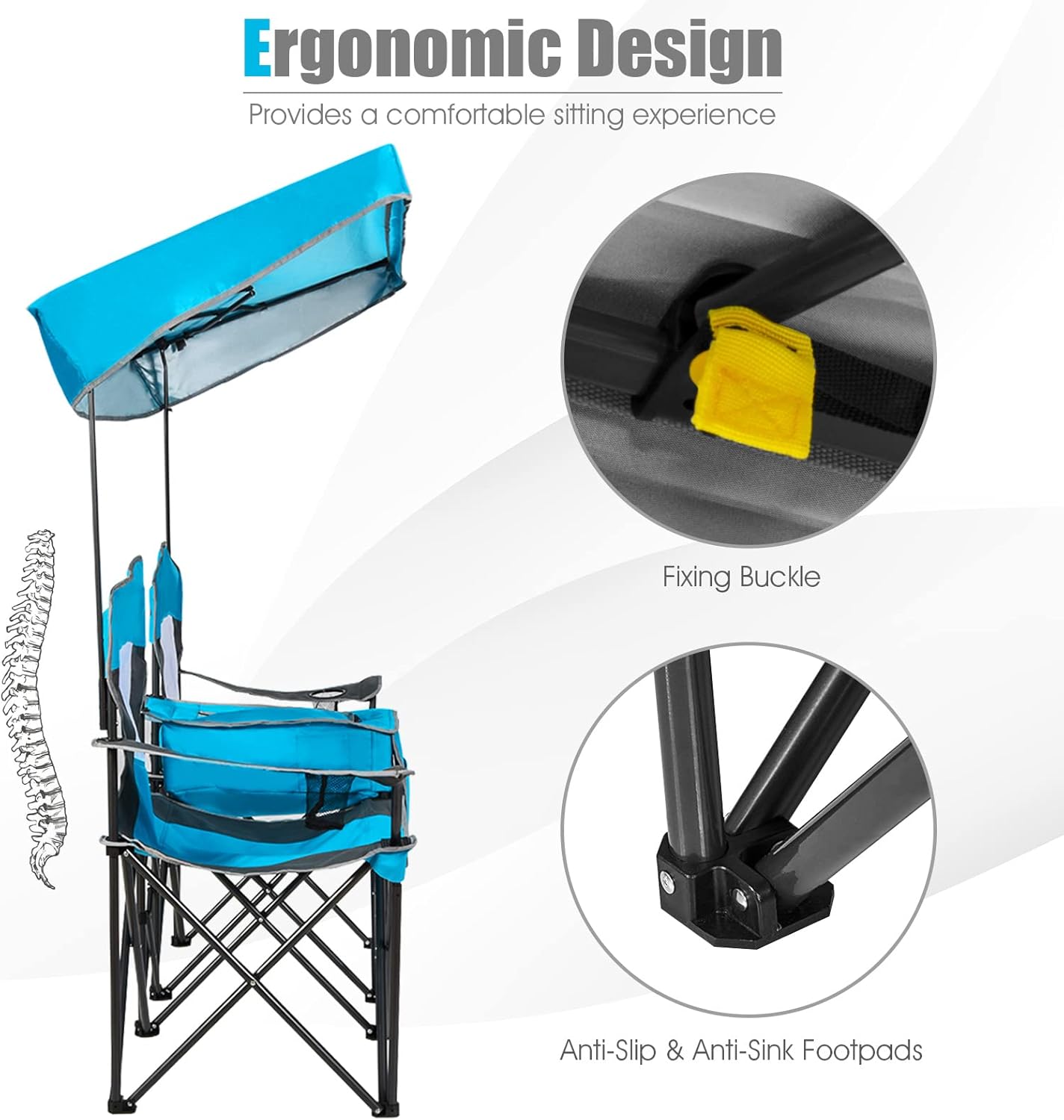 Double Camping Chair with Canopy Cooler Bag Cup Holders Blue