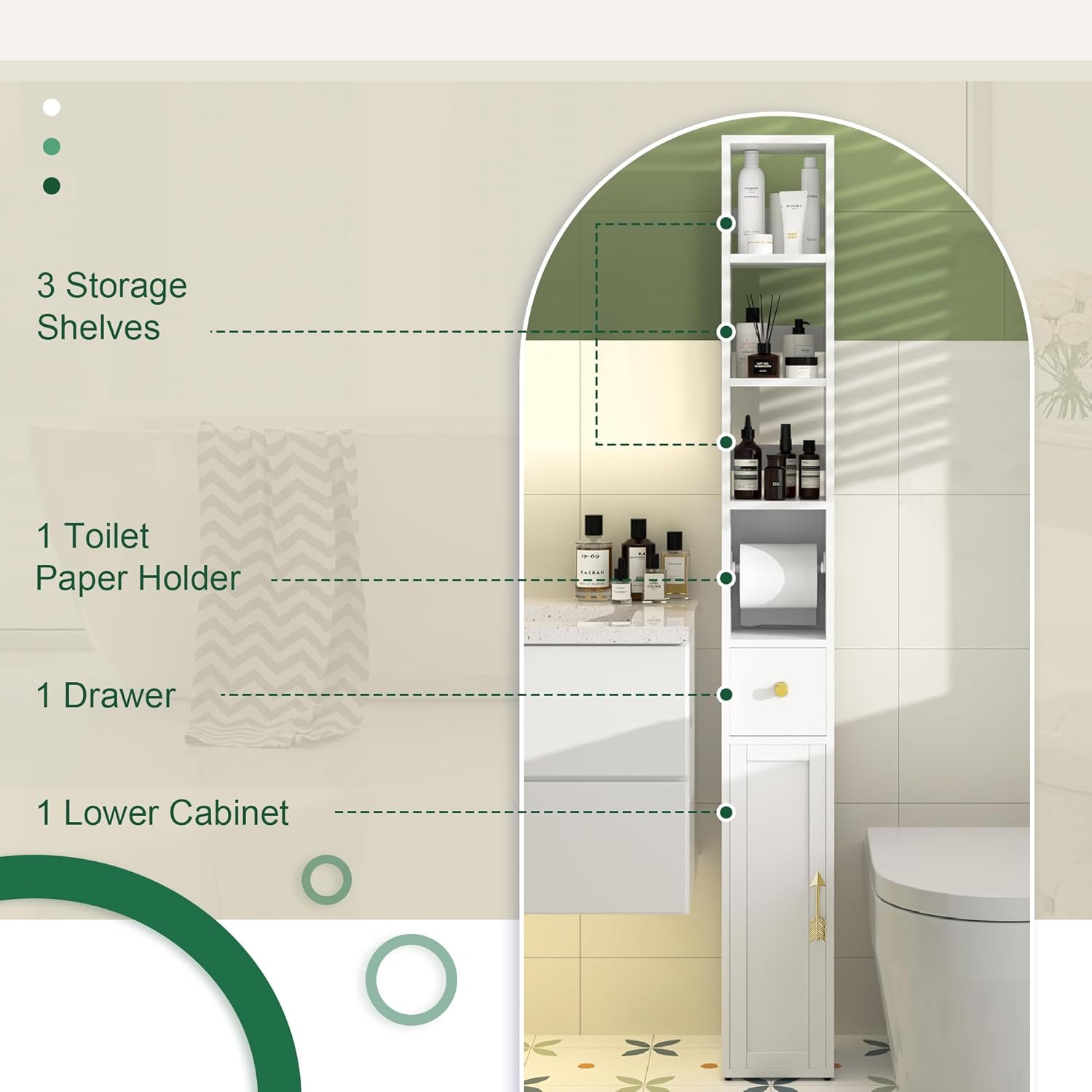 Slim Tall Bathroom Cabinet White Adjustable Shelf Tissue Holder