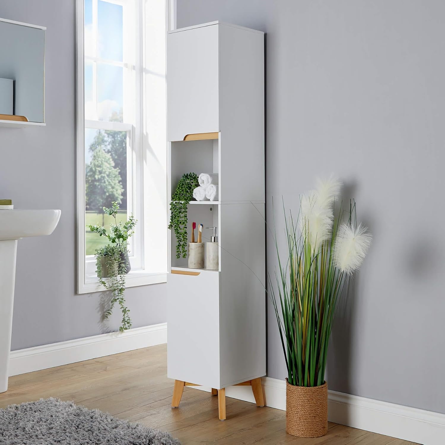 Slim Bathroom Tall Cabinet 6 Shelf Storage Unit White
