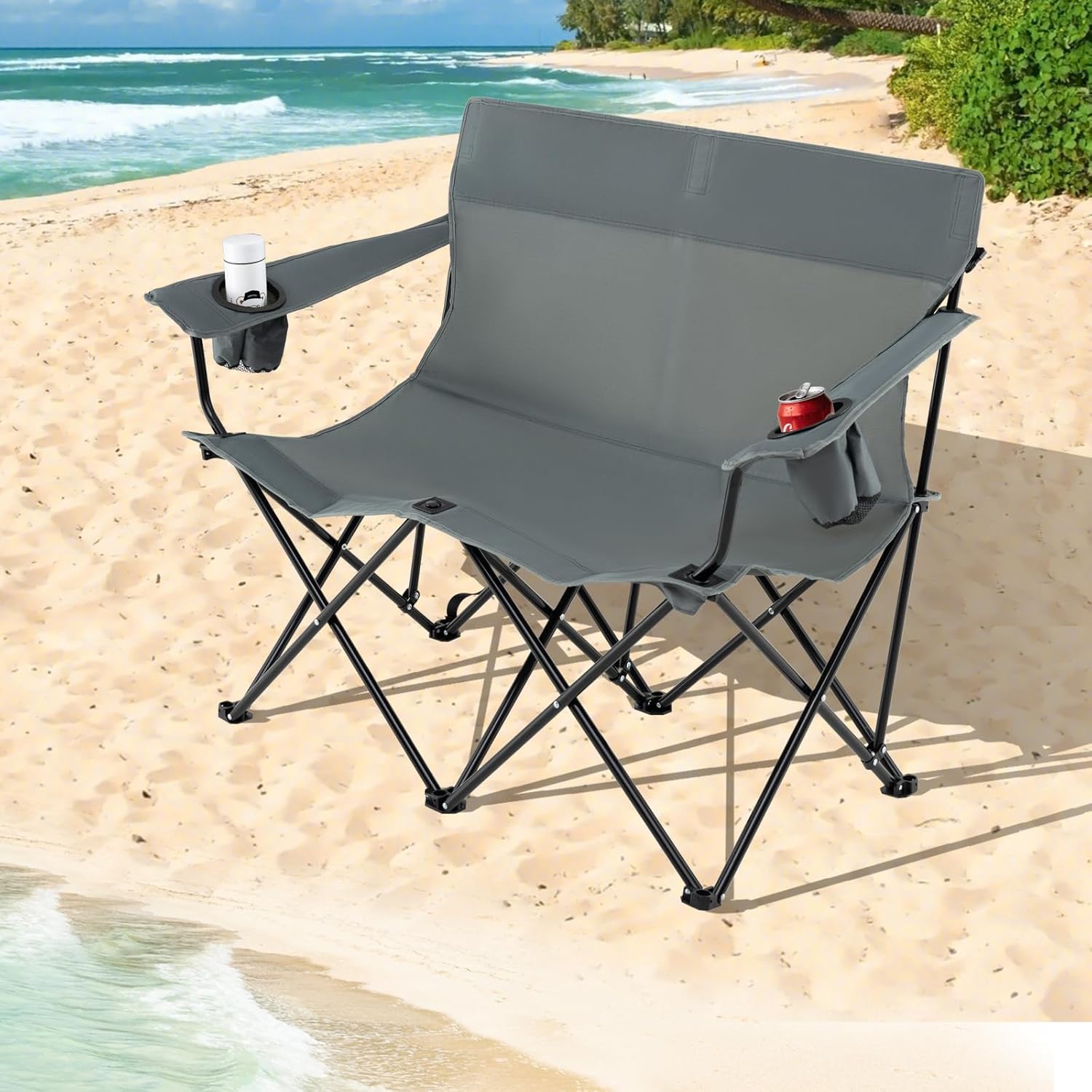 Double Camping Loveseat Chair 300KG Foldable Grey
