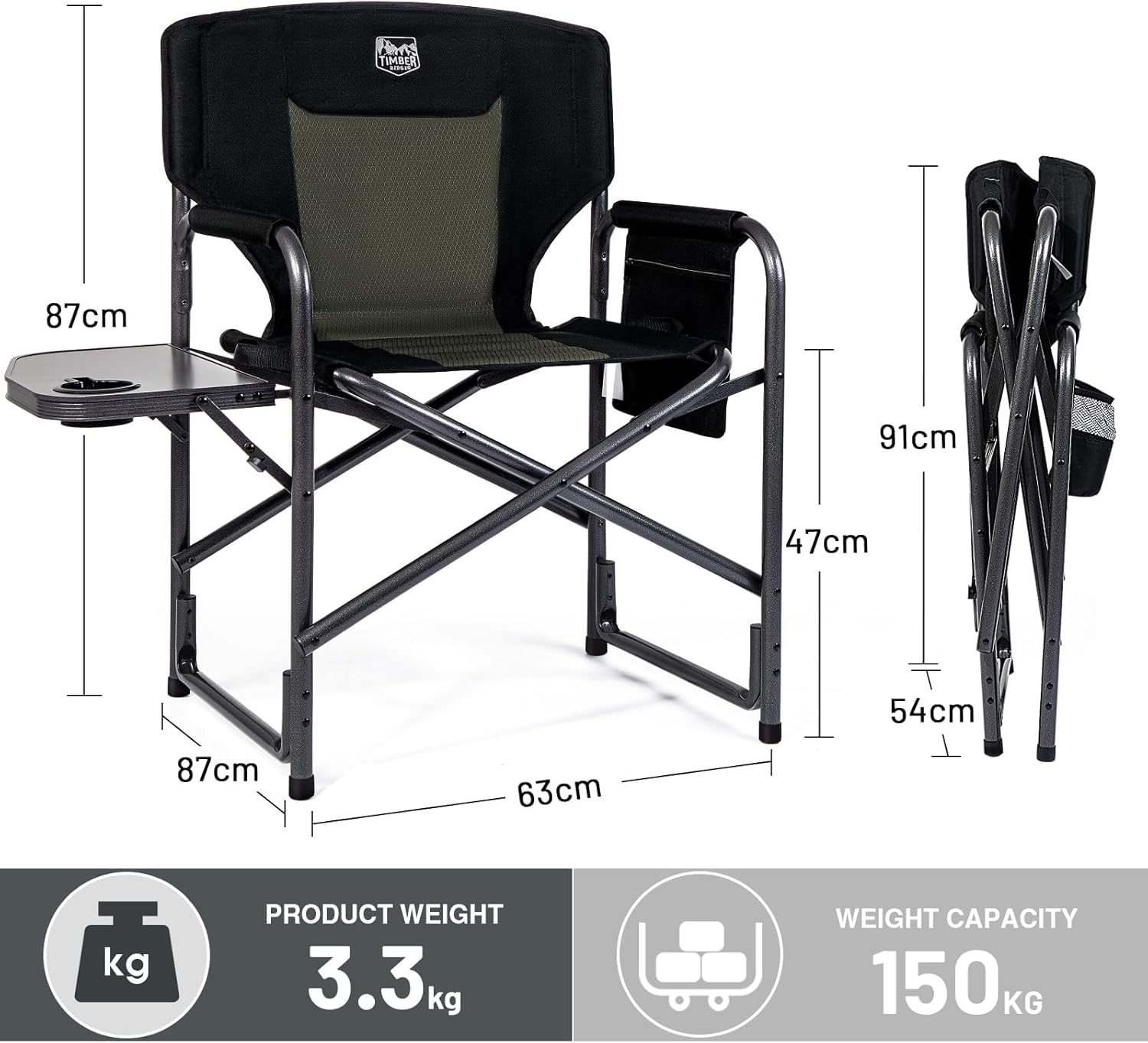 Directors Camping Chairs 2 Pack 180kg Side Table Black