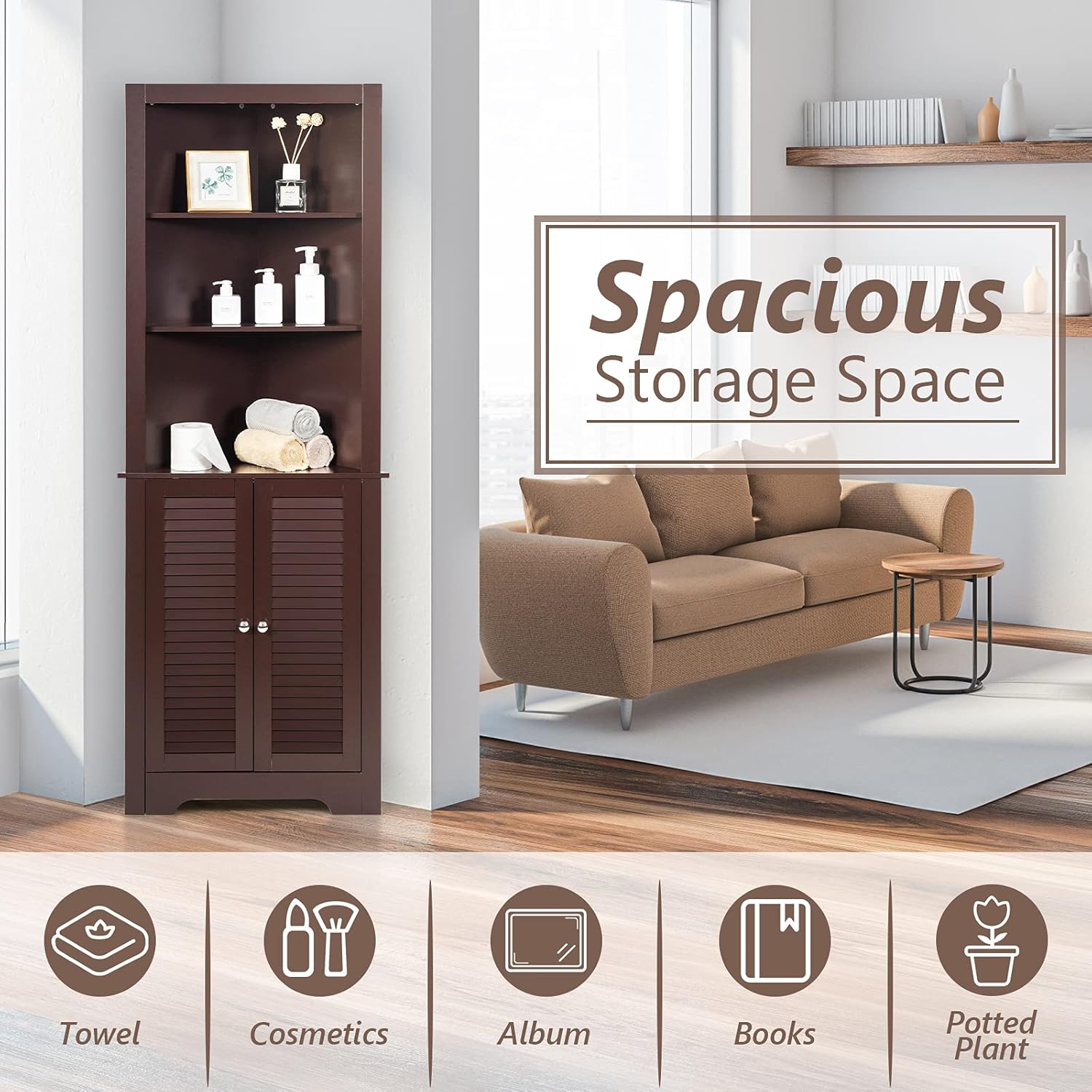 Corner Bathroom Tall Cabinet Triangle Shelf Unit Espresso