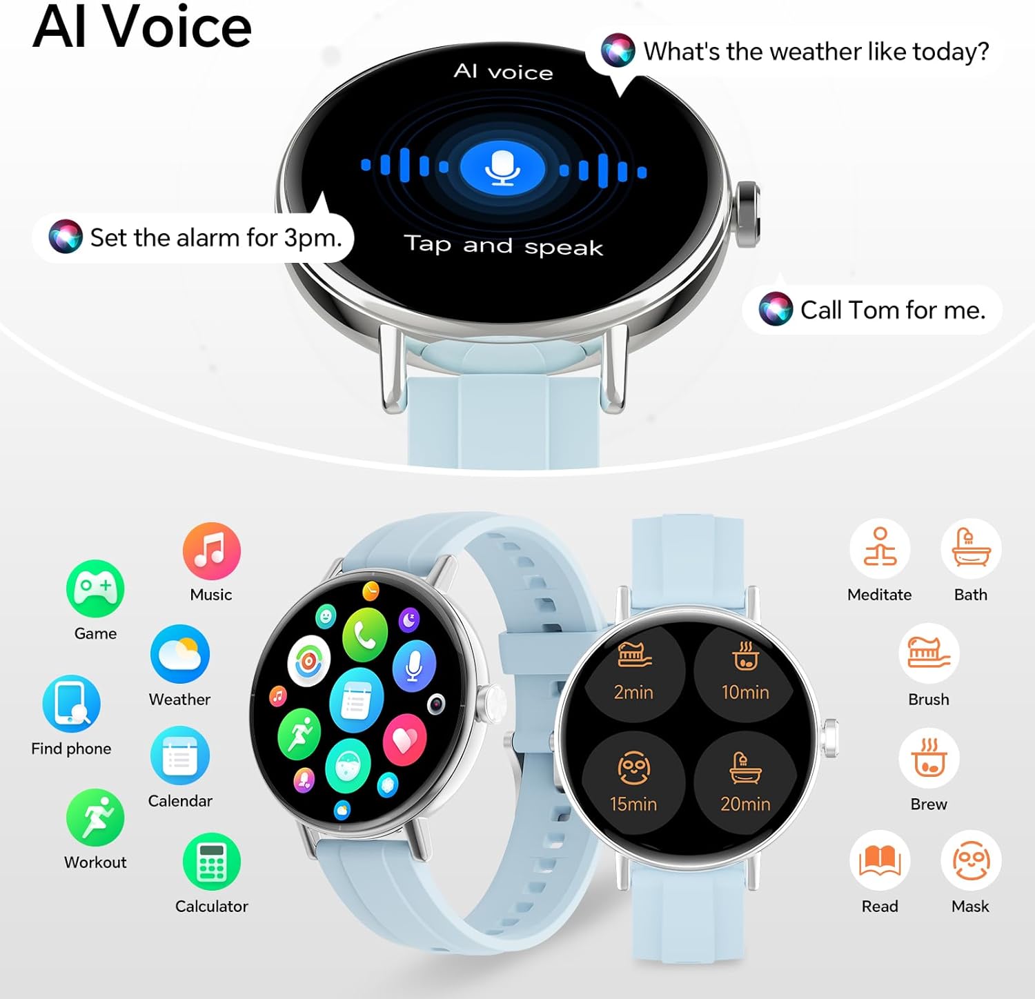 Round Smart Watch Bluetooth Calling Fitness Tracker Blue 2 Bands