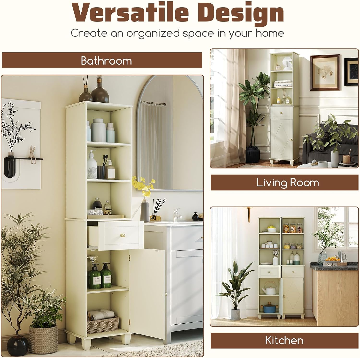 Tall Slim Storage Cabinet Beige Drawer Shelves Door Unit