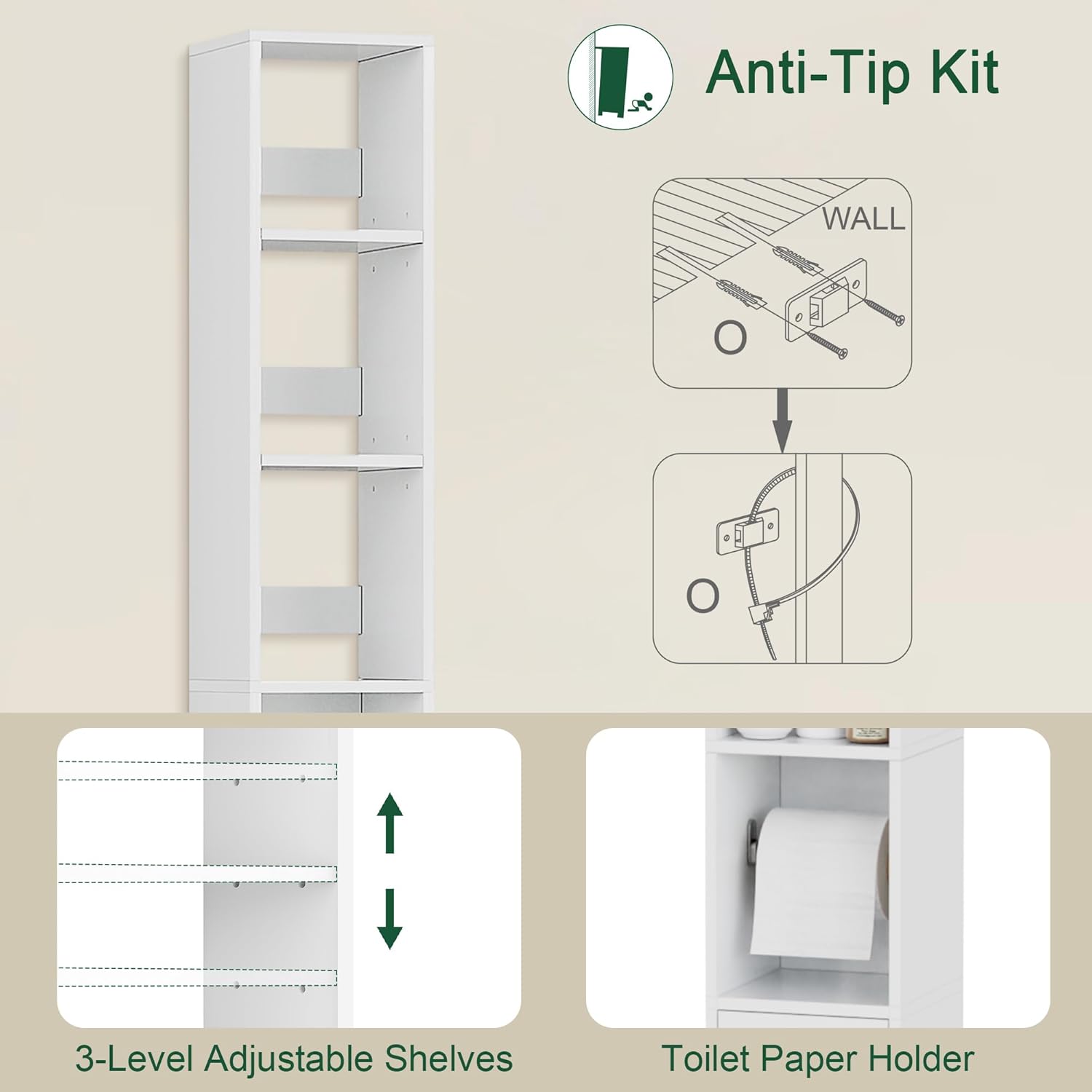 Slim Tall Bathroom Cabinet White Adjustable Shelf Tissue Holder