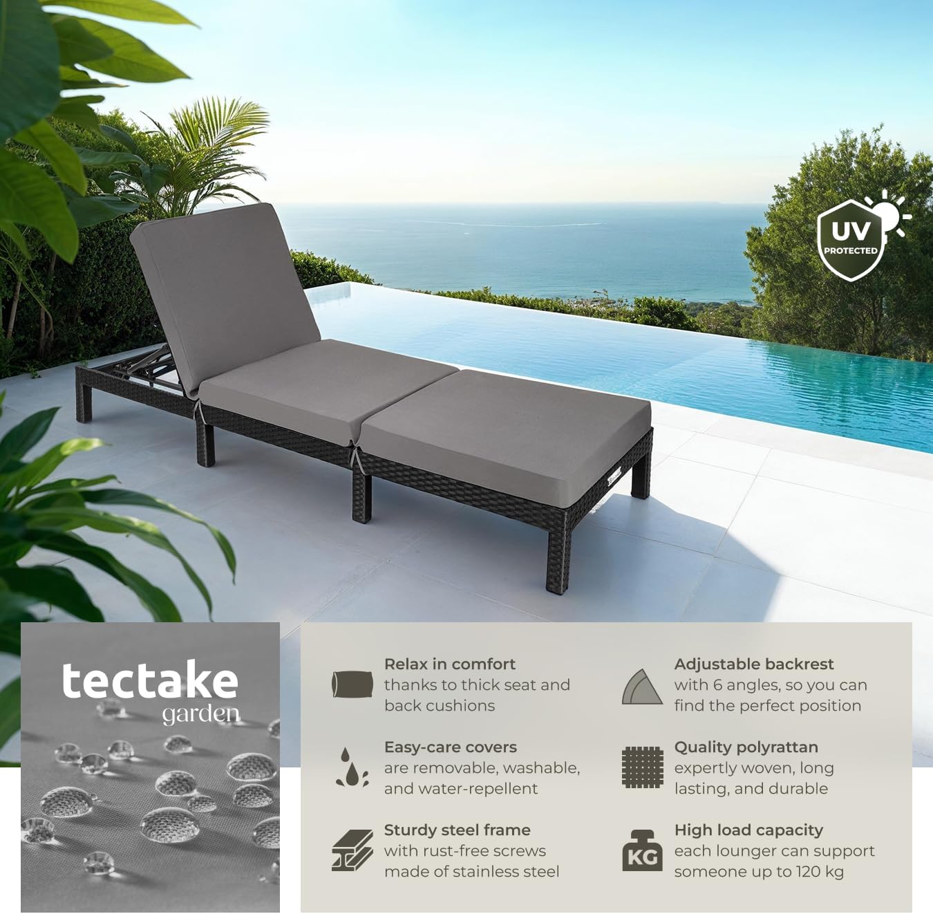 Luxury Rattan Sun Lounger 6 Position Cushion Black