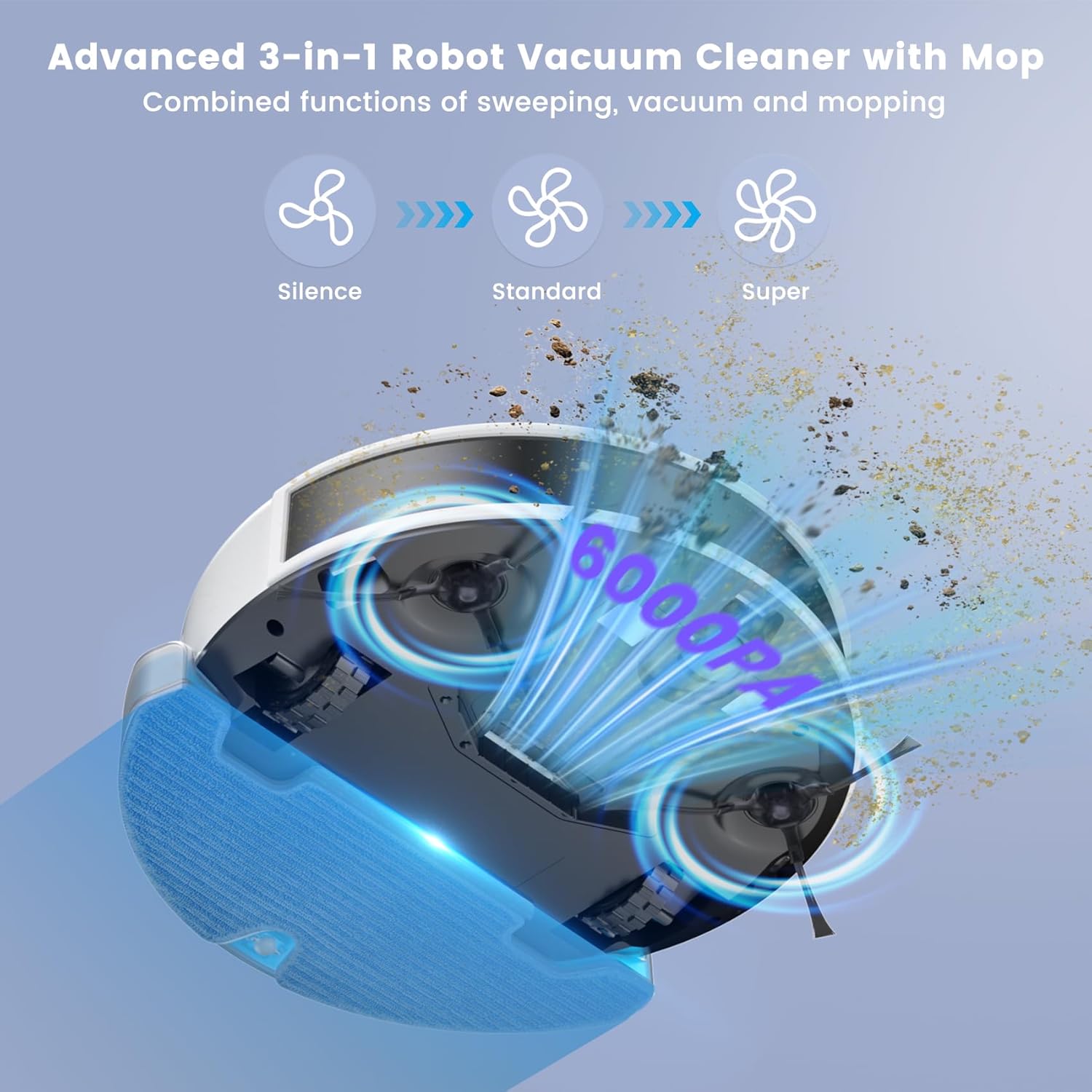 Robot Vacuum Mop 6000Pa Suction LiDAR Mapping WiFi App Alexa White