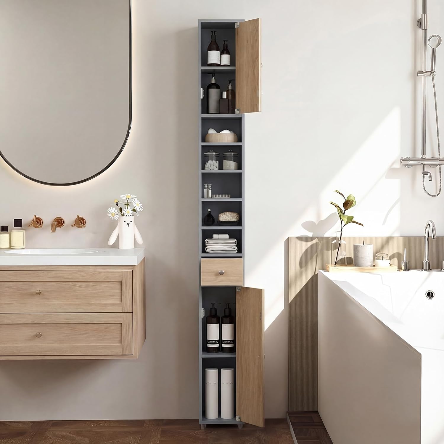 Slim Bathroom Tall Storage Cabinet Drawer Shelf Grey Natural