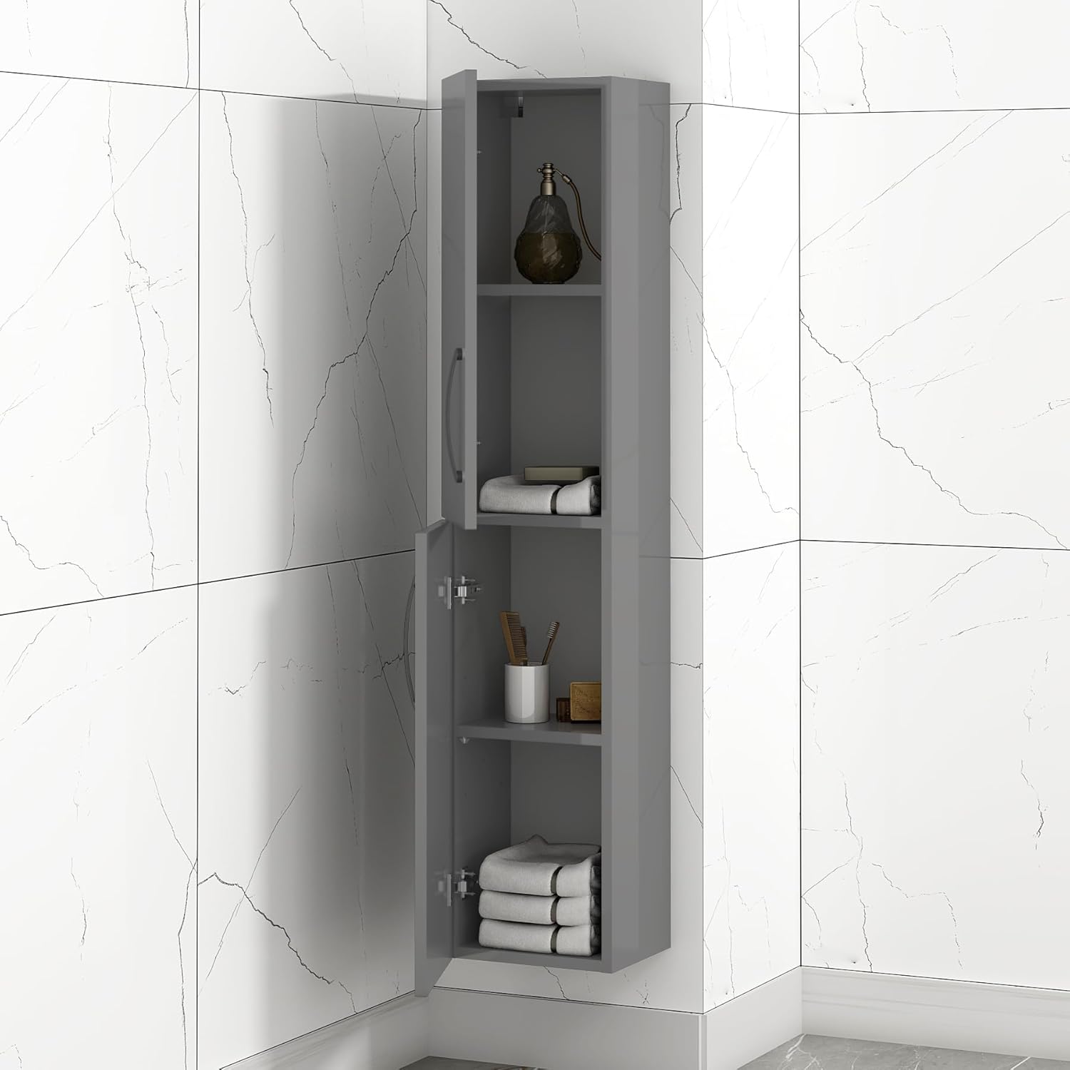 Grey Gloss Wall Hung Tall Bathroom Cabinet Black Handle