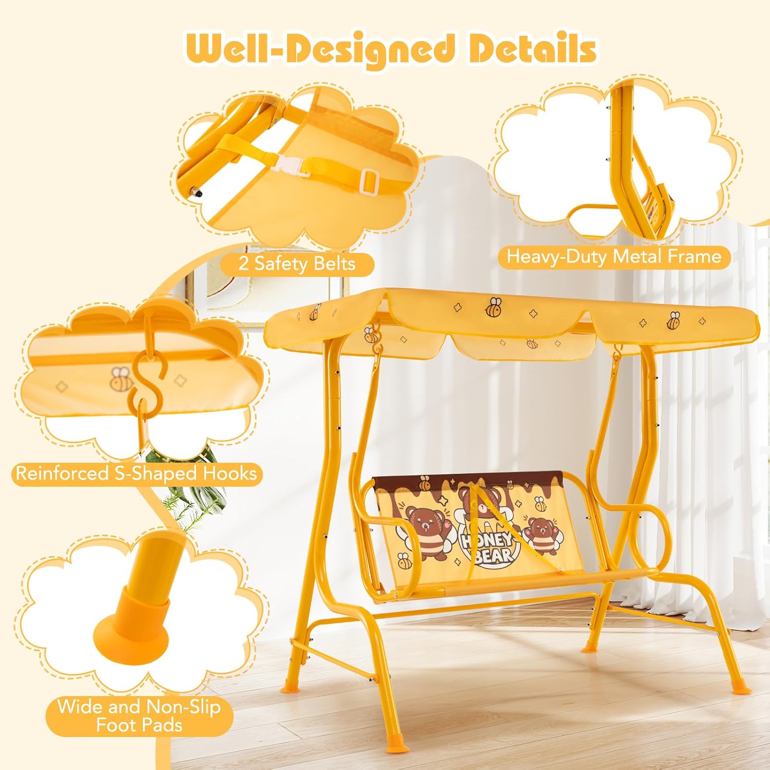 Kids 2 Seat Swing Chair Orange Canopy Safety Belts