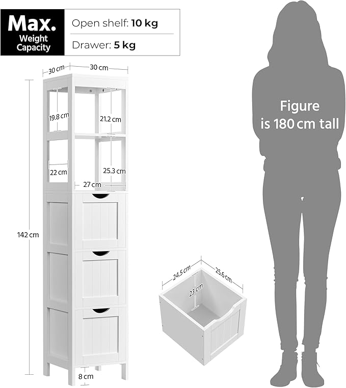 Tall Slim Bathroom Cabinet White 3 Drawers 2 Shelves Unit