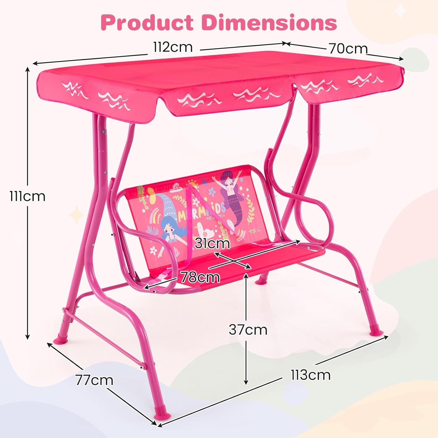 Kids 2 Seat Swing Chair Pink Canopy Safety Belts