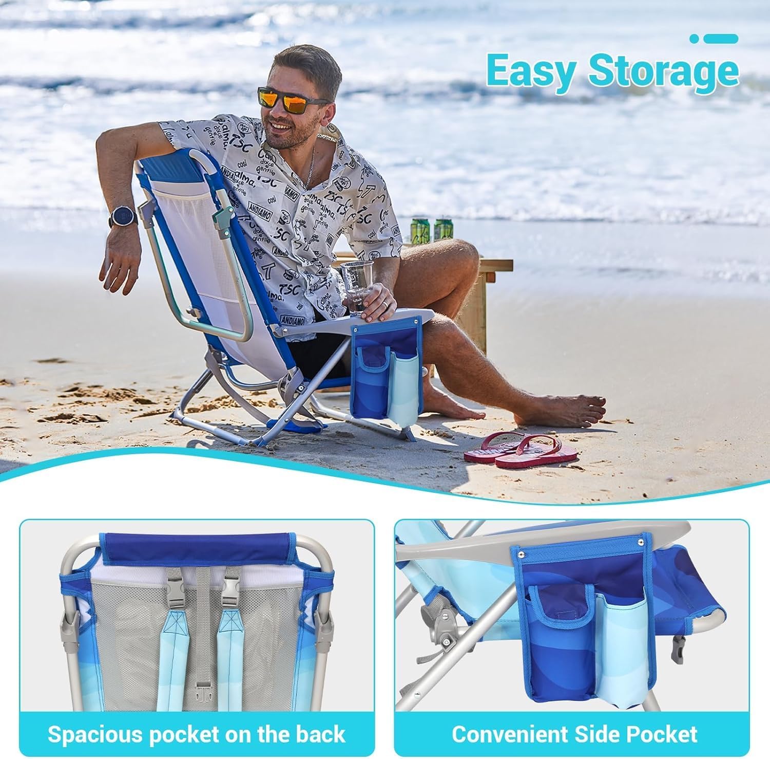 Blue Pattern Adjustable Beach Chair Folding Reclining Seat