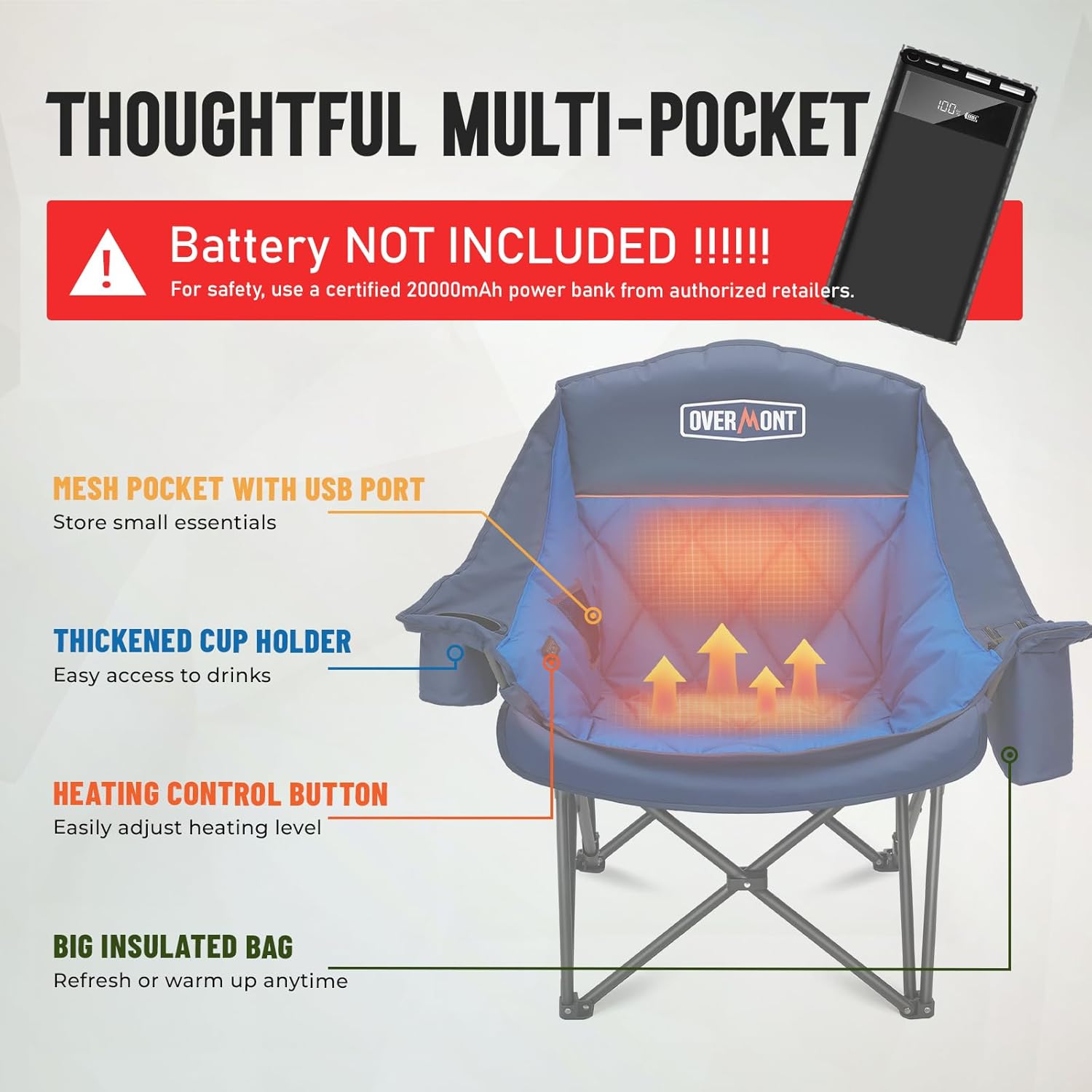 Heated XL Camping Chair 400lb Oversized Padded Blue