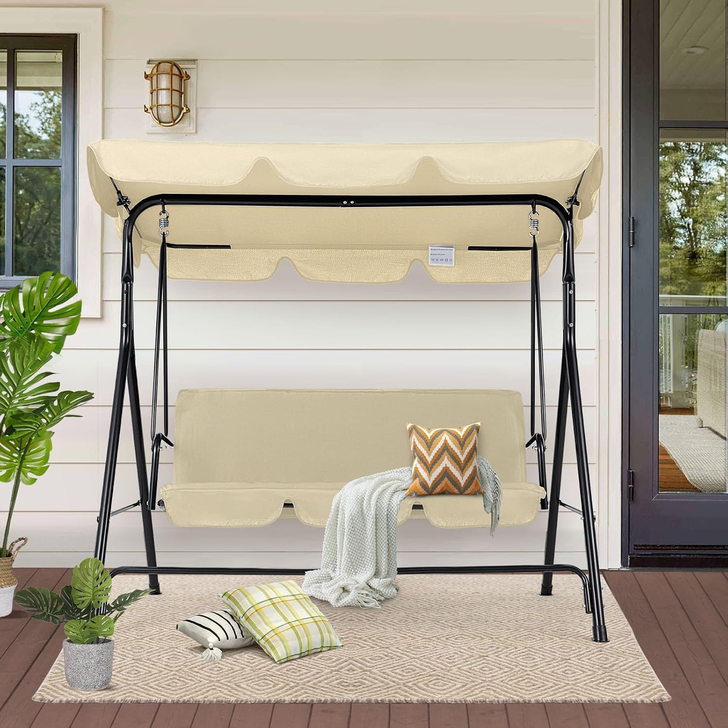 3 Seater Garden Swing Chair with Adjustable Canopy Beige
