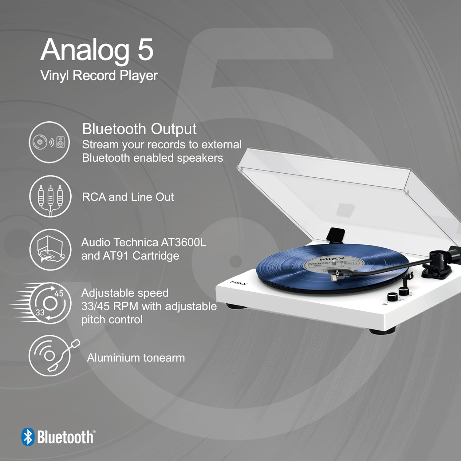 Bluetooth Vinyl Record Player RCA Line Out White