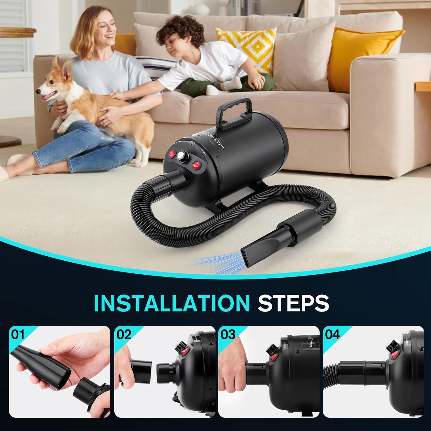 Dog Hair Dryer 3800W 5.2HP Low Noise 4 Nozzle Black